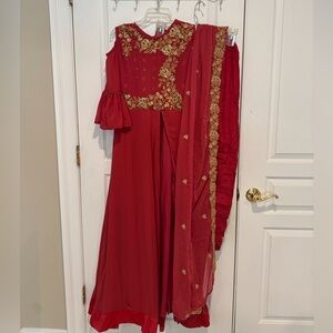Raspberry Pink & Gold Embroidered Anarkali Kurta Set